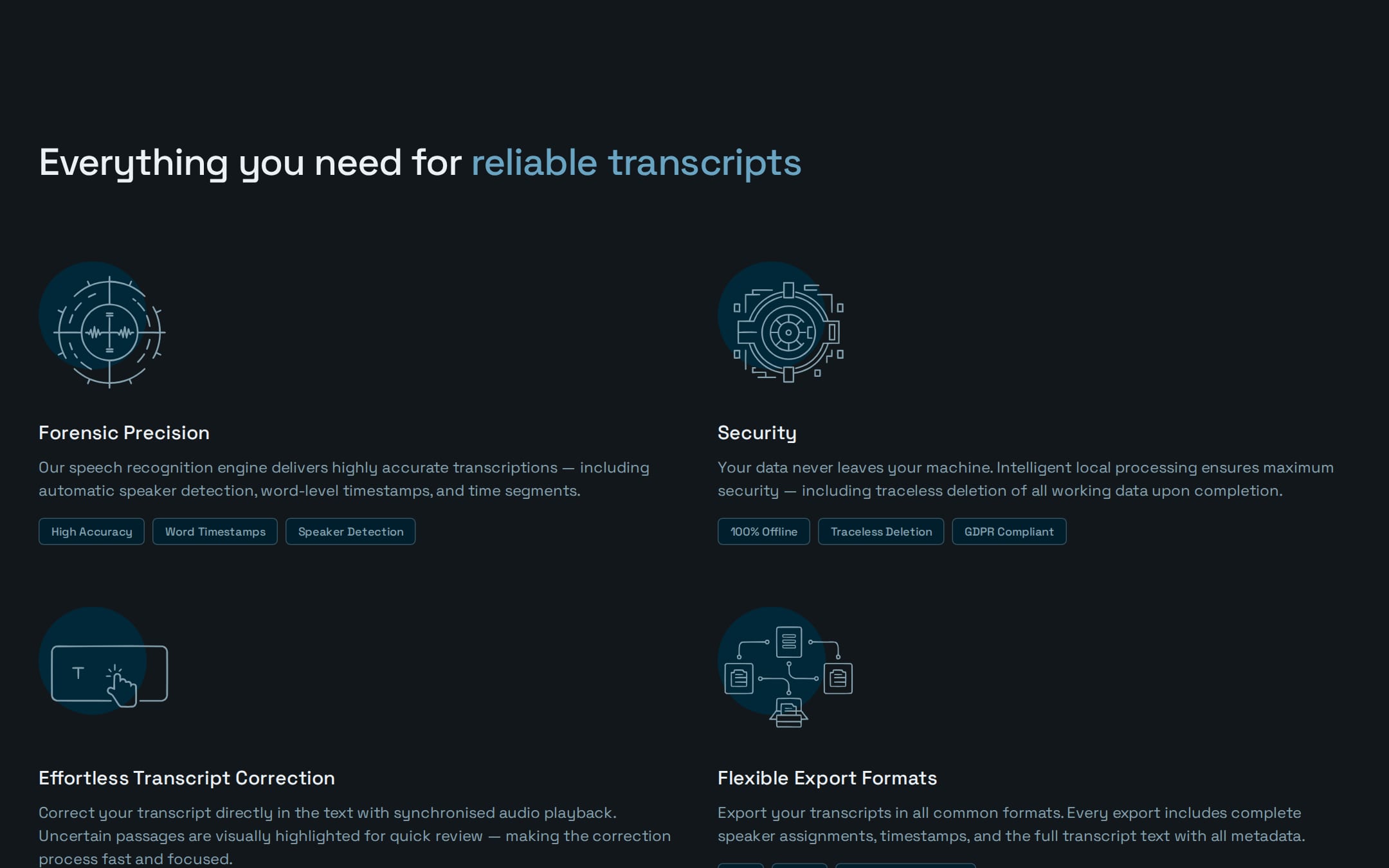 Benefits: forensic precision, security, correction and export