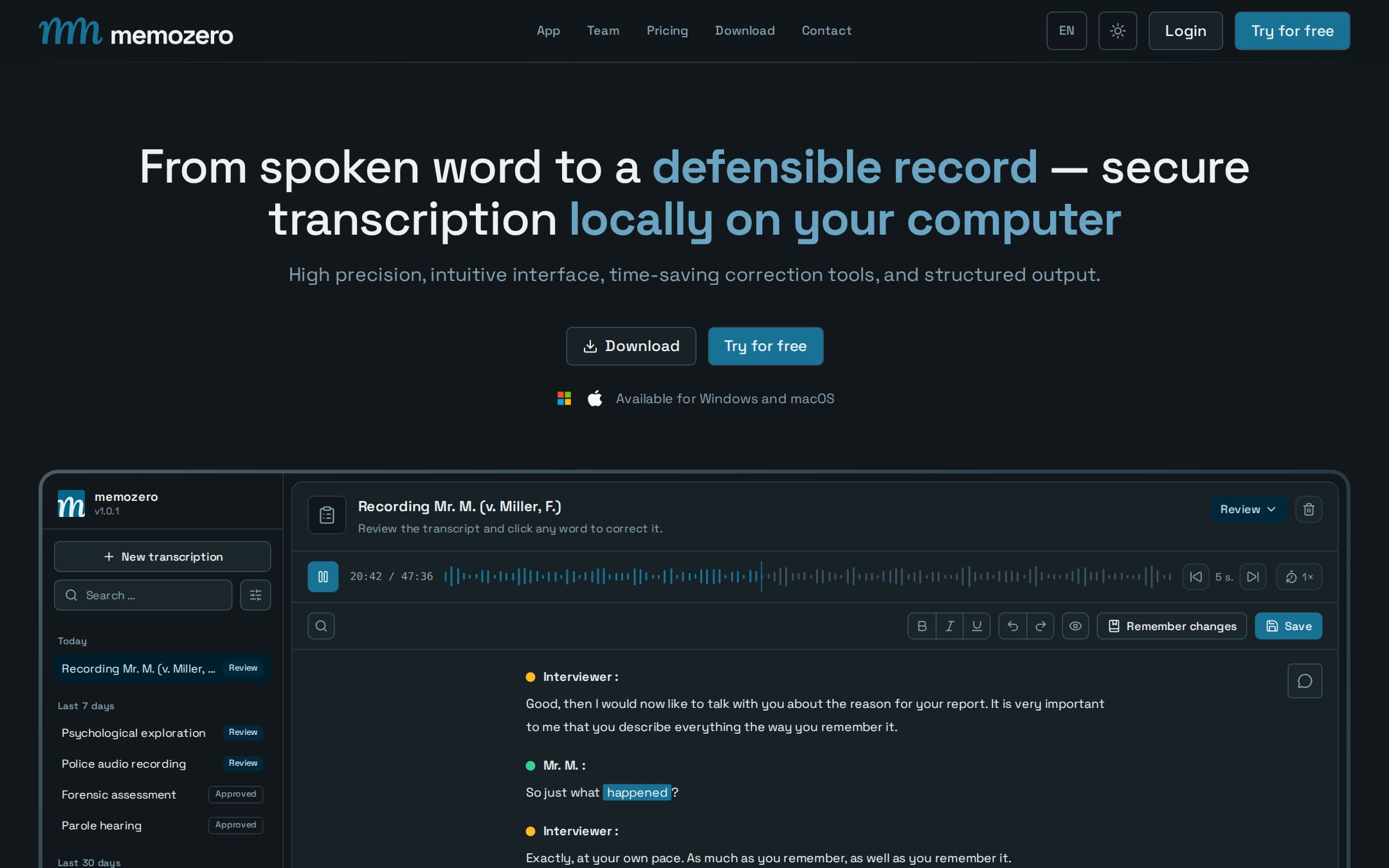 memozero website hero with the transcript editor