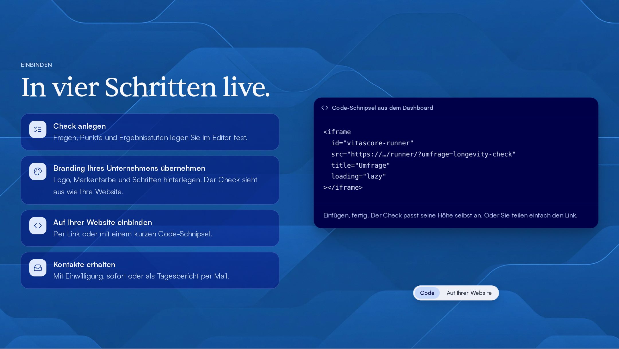 Four steps to go live and the embed code snippet
