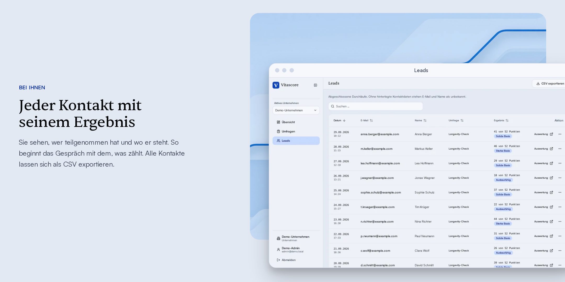 Leads table in the Vitascore dashboard